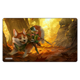 Illustration of a dog-like creature with a warrior in a forest setting