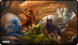 Illustration of various dragons in a fantasy setting with bones and eggs.