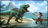 Dinosaur-like creature and pirate on a beach with a ship in the background