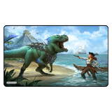 Fantasy scene with a dragon and a person in a boat on a beach with a temple and ship in the background.