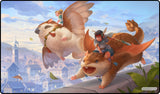 Two children riding on flying animals with a cityscape in the background