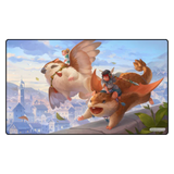 Illustration of two characters riding on the backs of large animals with a town in the background
