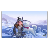Animated character with a white creature in a snowy landscape