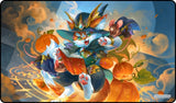 Colorful character with a helmet and cape surrounded by pumpkins and leaves on a decorative background