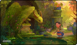 Illustration of a child interacting with a dragon in a garden setting