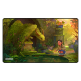 Dragon and child in a fantasy garden setting