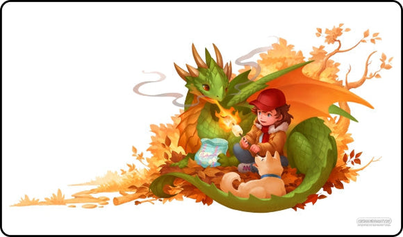 Illustration of a child with a dragon surrounded by autumn leaves