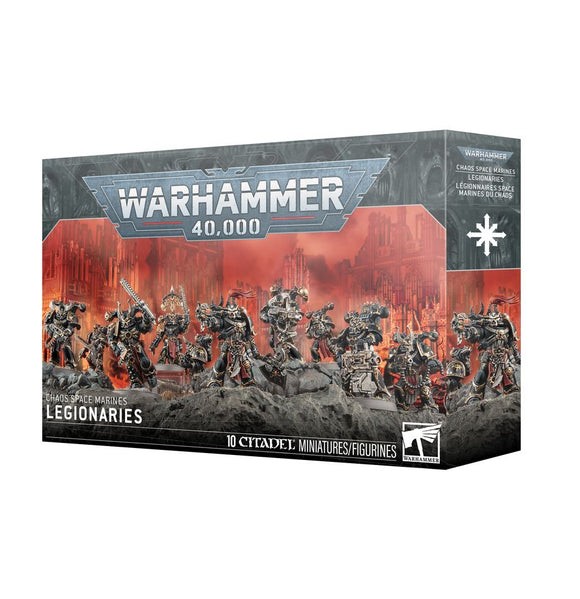 Warhammer 40,000 miniatures box set with legions on a red and gray background