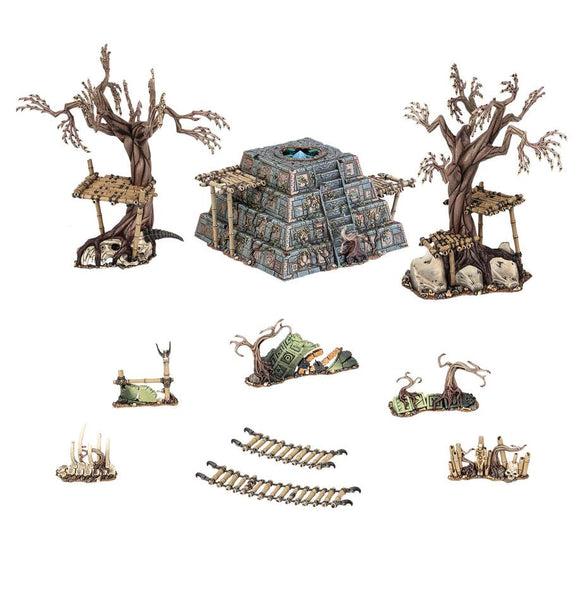 Collection of miniature game pieces and sets on a white background