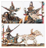 Figurine of a warrior in ornate armor with a skeleton horse and chariot, set against a white background.