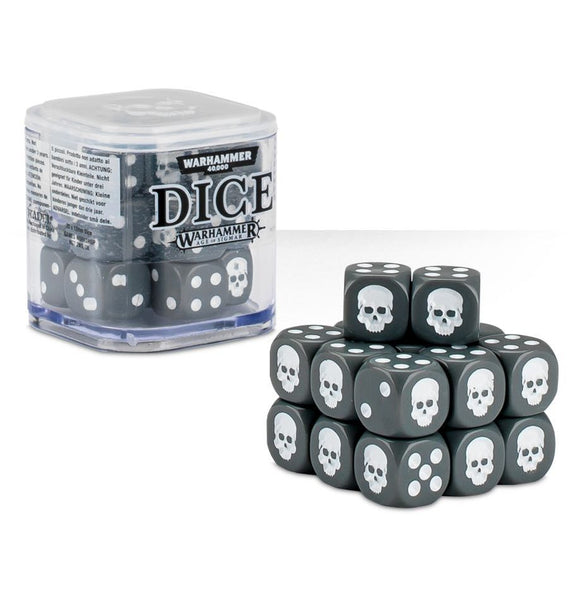 Set of dice with skull design next to a Warhammer dice set container on a white background