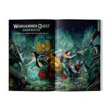 Open book titled 'Warhammer Quest Darkwater' with fantasy artwork on a white background