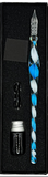 Calligraphy pen with blue and white pattern and ink bottle in a black box