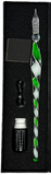 Decorative calligraphy pen with green and white design in a black box