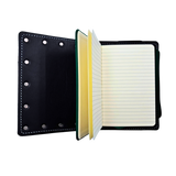 Black leather-bound notebook with a yellow inner cover on a white background