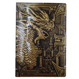 Decorative book with dragon and castle design on a white background