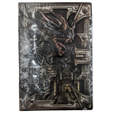 Decorative plaque with a dragon and castle design on a white background