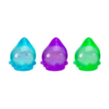 Three colorful droplet-shaped toys on a white background