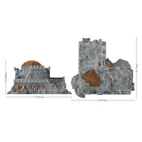 A product dimension diagram showing a gray stone fantasy building set with two views: a domed castle-like structure on the left and a ruined stone building on the right, both with brown roof sections. White background with black measurement lines and text indicating dimensions.