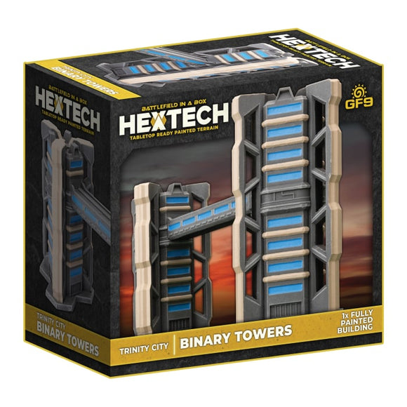 HexTech tabletop game terrain packaging with binary towers design.