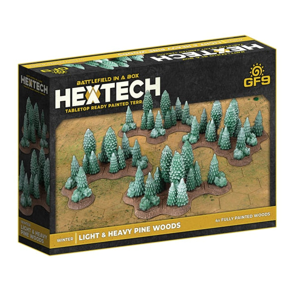 HexTech table-top game terrain set packaging with pine trees on a white background