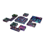 Set of modular game board pieces with colorful design on a white background