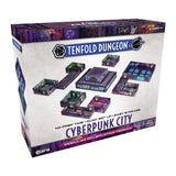 Box of Tenfold Dungeon Cyberpunk City modular roleplaying terrain with game pieces on a white background