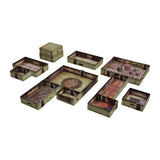 Set of miniature cardboard boxes with detailed interiors on a white background