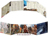 Hexagonal screen with illustrations and text, featuring the word 'Waterdeep'.