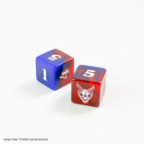 Two dice with red and blue color scheme on a white background