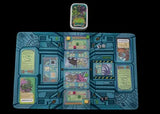 Card game packaging with various cards displayed on a blue tray