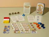 Board game components including cards, tokens, and a tin on a beige surface