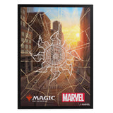 Spider web design with Marvel and Magic: The Gathering logos on a cityscape background