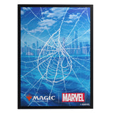 Spider web design with Marvel and Magic: The Gathering logos on a blue background
