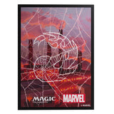 Spider web design with Marvel and Magic: The Gathering logos on a purple background