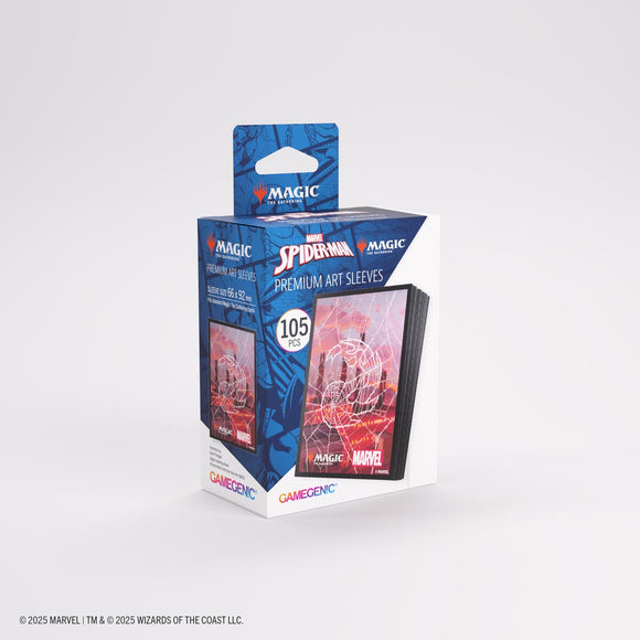 Box of Magic: The Gathering premium art sleeves featuring Spider-Man design on a white background
