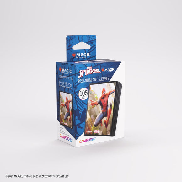 Box of Spider-Man premium art sleeves with visible branding on a white background