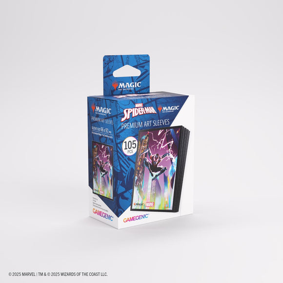 Box of Marvel Spider-Man premium art sleeves with Gamegenic branding on a white background