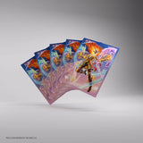 Five trading card packs with fantasy artwork on a gray background
