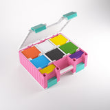 Colorful magnetic building block set in a pink storage box on a white background
