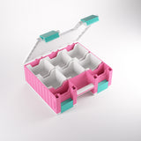 Pink and teal storage box with compartments on a white background
