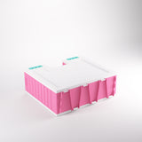 Pink and white plastic storage box on a light gray background