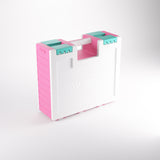 Pink and white tool box with teal accents on a white background