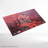 Spider-themed playmat with red and black design on a white background