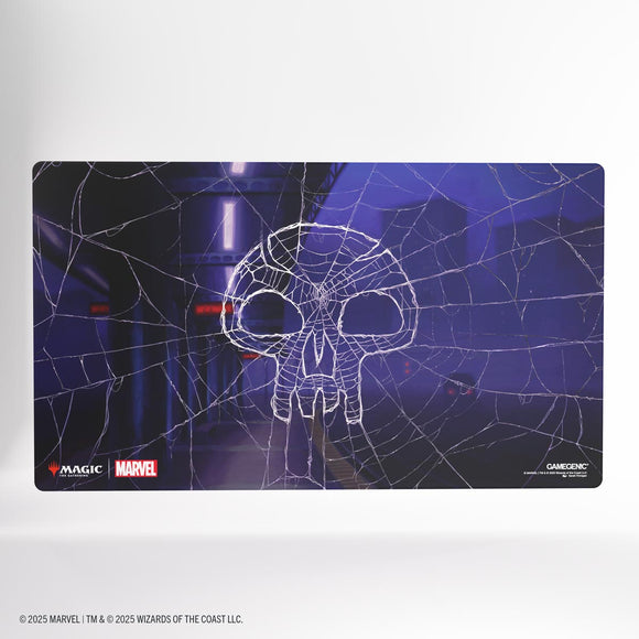 Playmat with spider web design and Marvel branding on a white background
