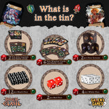 Product packaging for 'Dice Clash' game components with cards, dice, and dice screens.