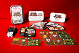 Card game components including cards, dice, and character sheets on a red background