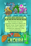 Illustration of a monster arena with three monsters and text about a game called 'Specimen Breach'.