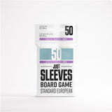 Pack of 50 board game sleeves with size and color information on a white background