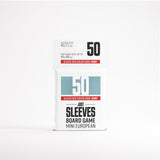 Pack of 50 board game sleeves with size and color information on a white background